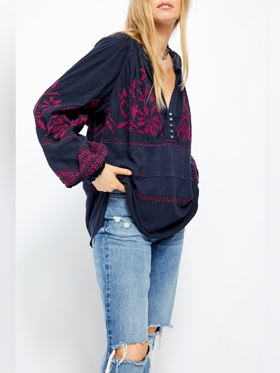 Tops - Embroidered V-Neck Peasant Blouse - Navy with Magenta